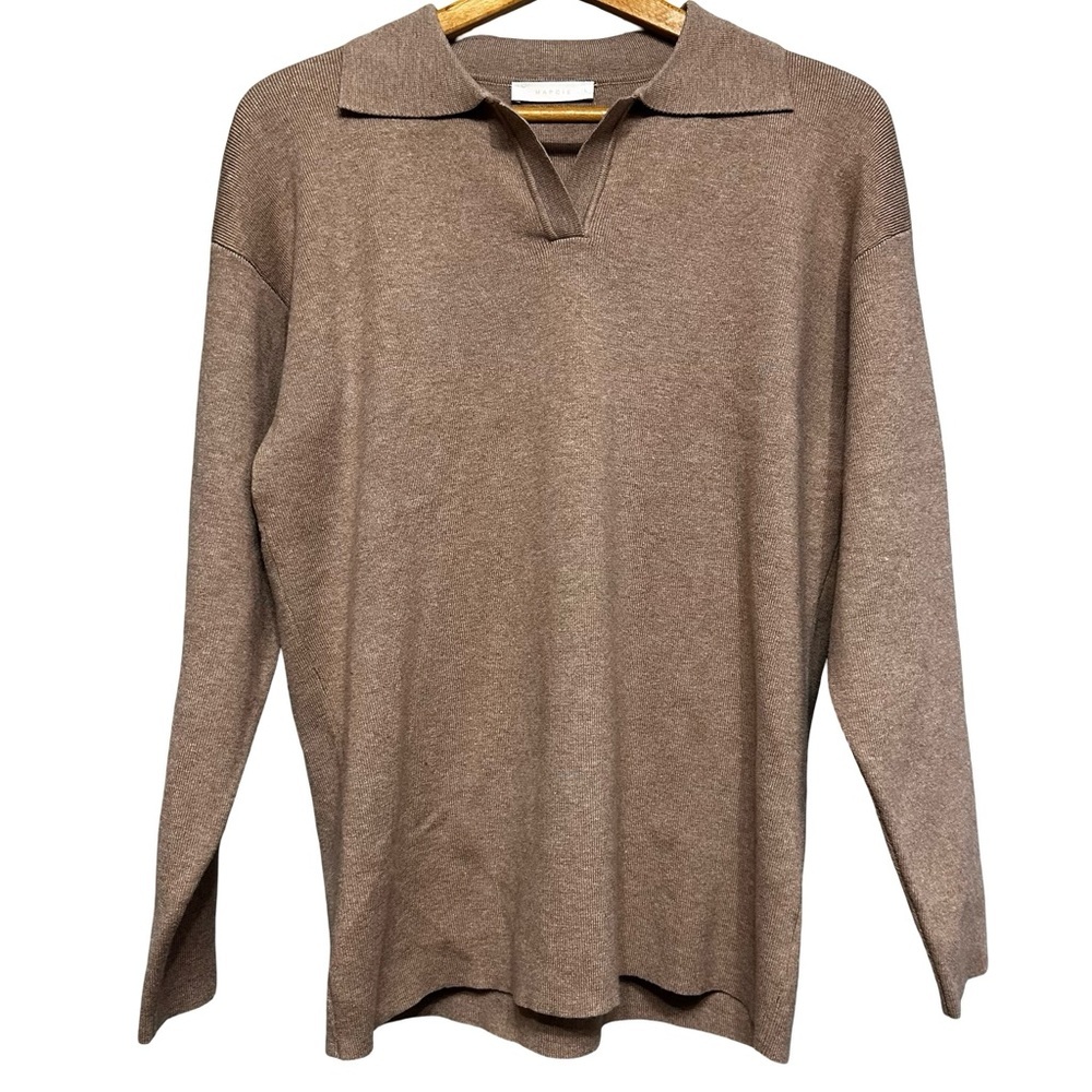 Mapcie Tan Knit Polo Sweater Long Sleeve Pullover Size Large Lounge Casual